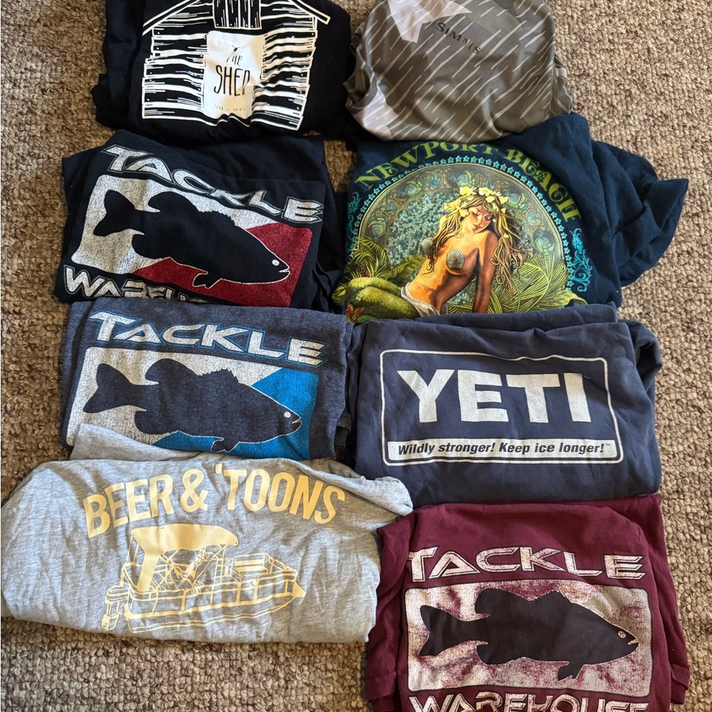 Assorted Mens Shirts, Long Sleeves, Short Sleeves, and Hats, Various Sizes